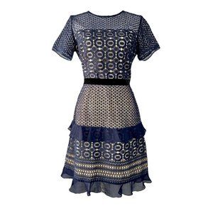 Chelsea28 Velveteen Lace Sheath Dress Ruffles Navy Blue, Medium